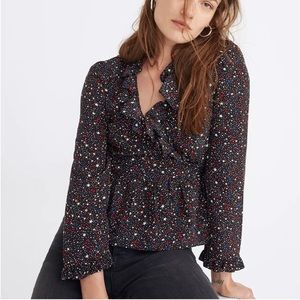 Madewell Silk Ruffle-Hem Wrap Top in Starry Night
